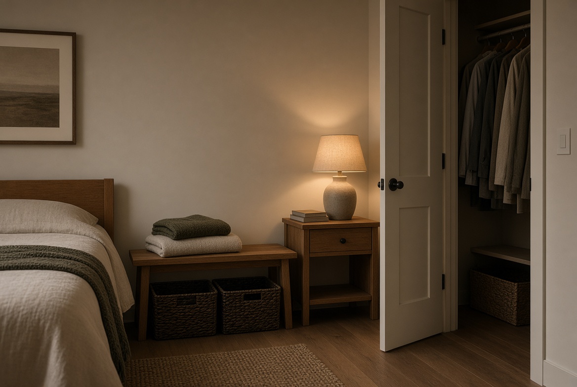 Bedroom corner with baskets under a bench, a clear nightstand, and an open closet