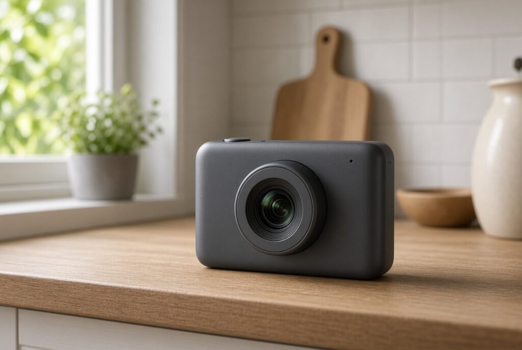 Compact camera on a kitchen counter by a window