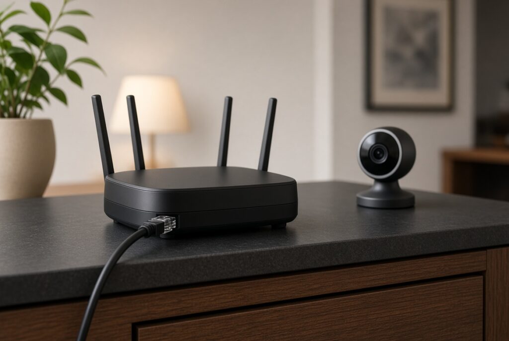 Router and indoor camera on a sideboard
