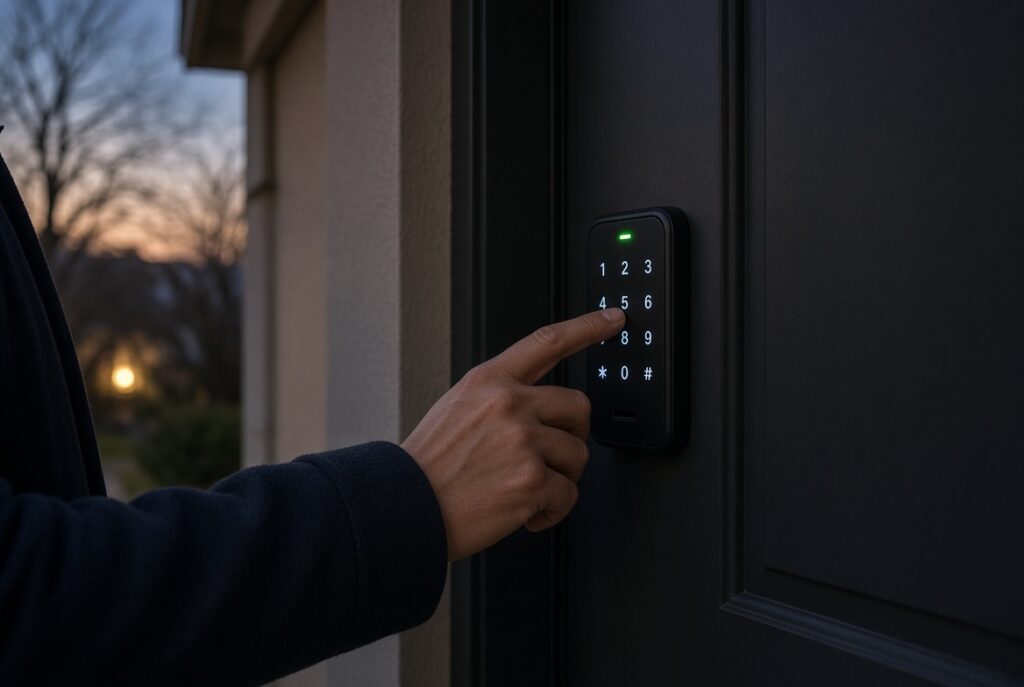 Entering a code on a smart lock at dusk