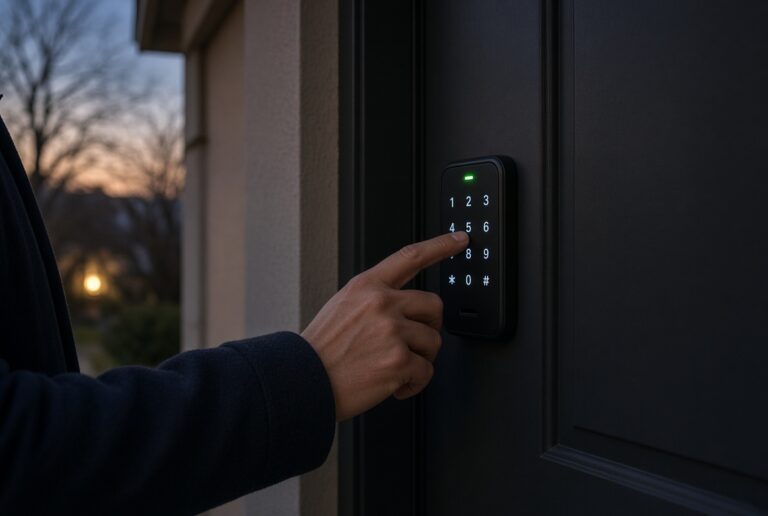 Entering a code on a smart lock at dusk