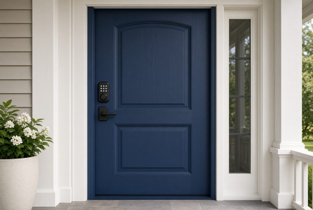 Keypad smart lock on a painted front door