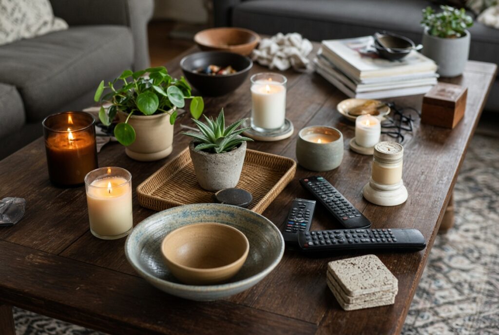 Coffee table crowded with candles, plants, and remotes