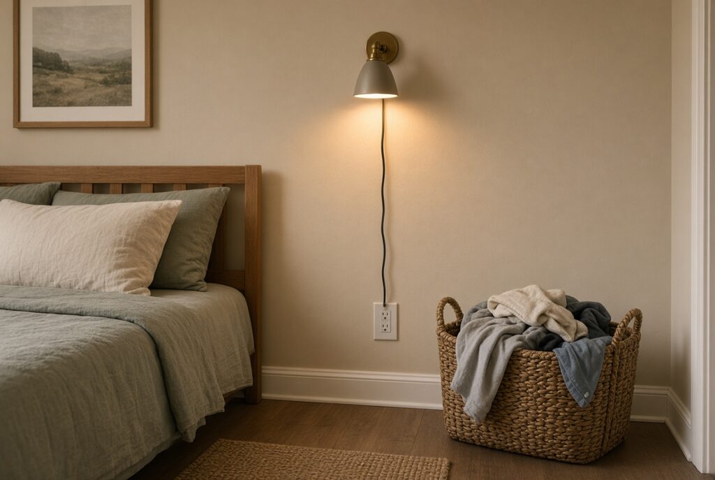 Plug-in wall sconce above a bed next to a laundry basket
