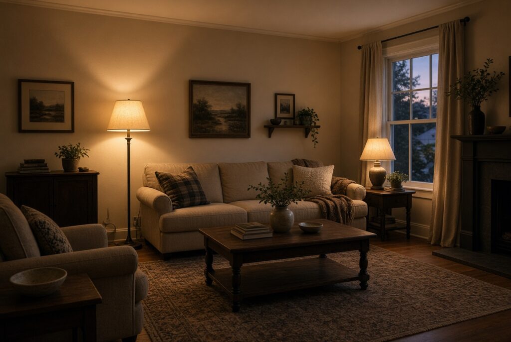 Evening living room lit by a floor lamp and a table lamp