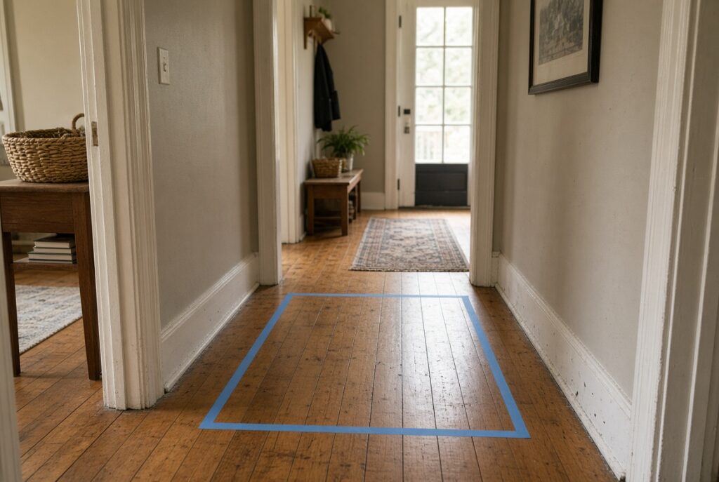 Painter tape rectangle marking a furniture footprint on a hallway floor
