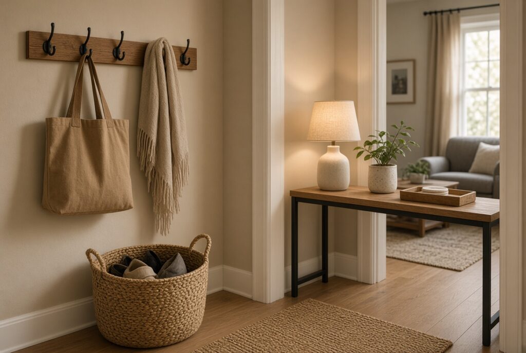 Small Home Upgrades That Improve Both Comfort and Everyday Function Entry with wall hooks, a shoe basket, and a lamp on a console