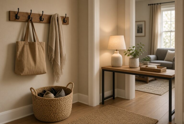 Entry with hooks, a shoe basket, and a lamp on a console