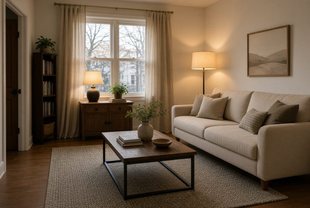 Small living room with curtains, a floor lamp, and a table lamp at two heights