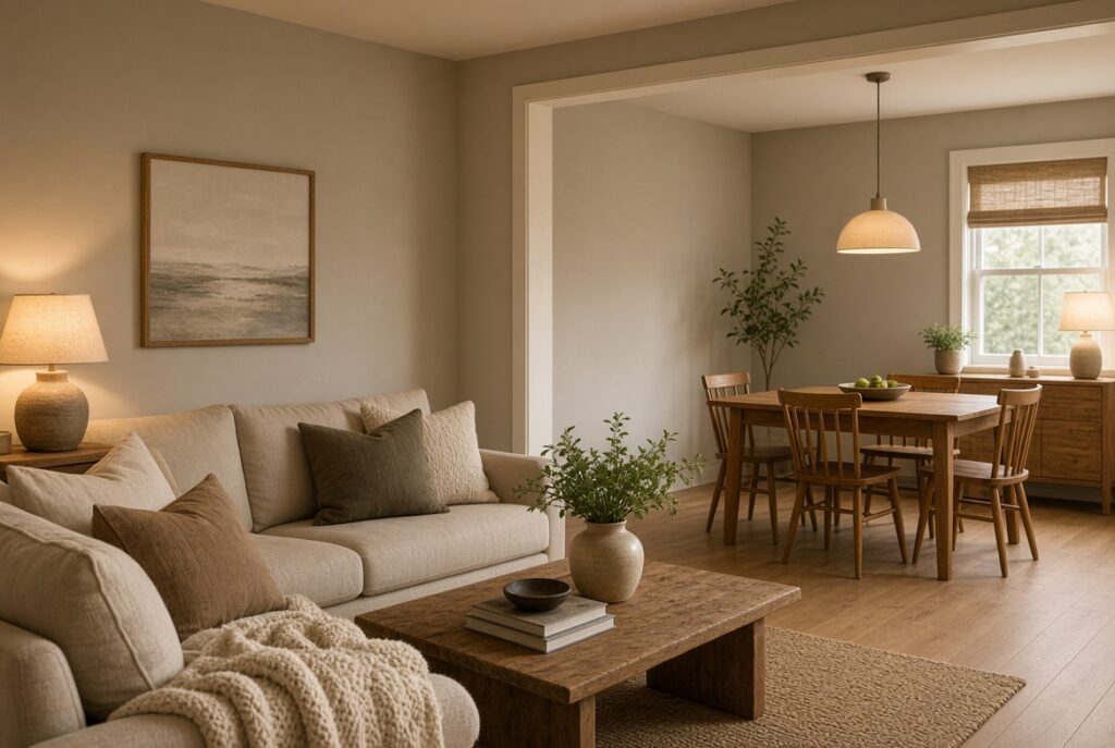 Living and dining rooms sharing paint, wood tone, and lamp light