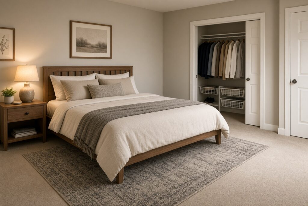 Calm bedroom with an organized closet and a lamp on the nightstand