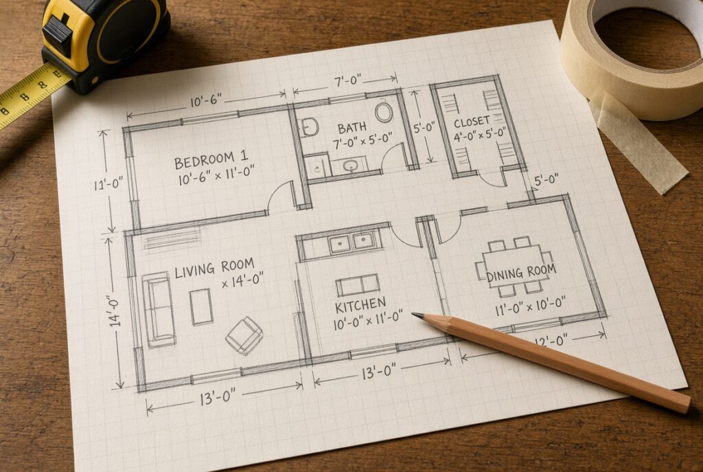 Hand-drawn room plan with measurements, tape, and a pencil