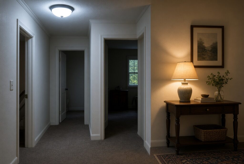 Hallway with a cool-white ceiling fixture next to a room with a warm table lamp