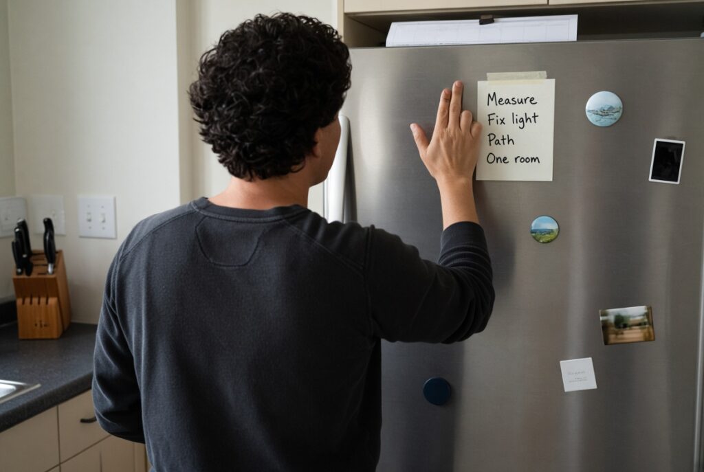 Person taping a short makeover list to a refrigerator