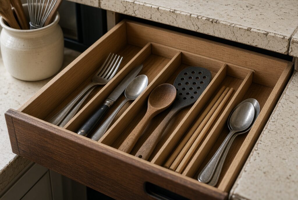 Kitchen drawer organized with a simple wood divider