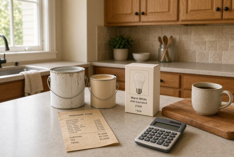 Paint cans, a warm-white bulb, and a calculator on a kitchen counter