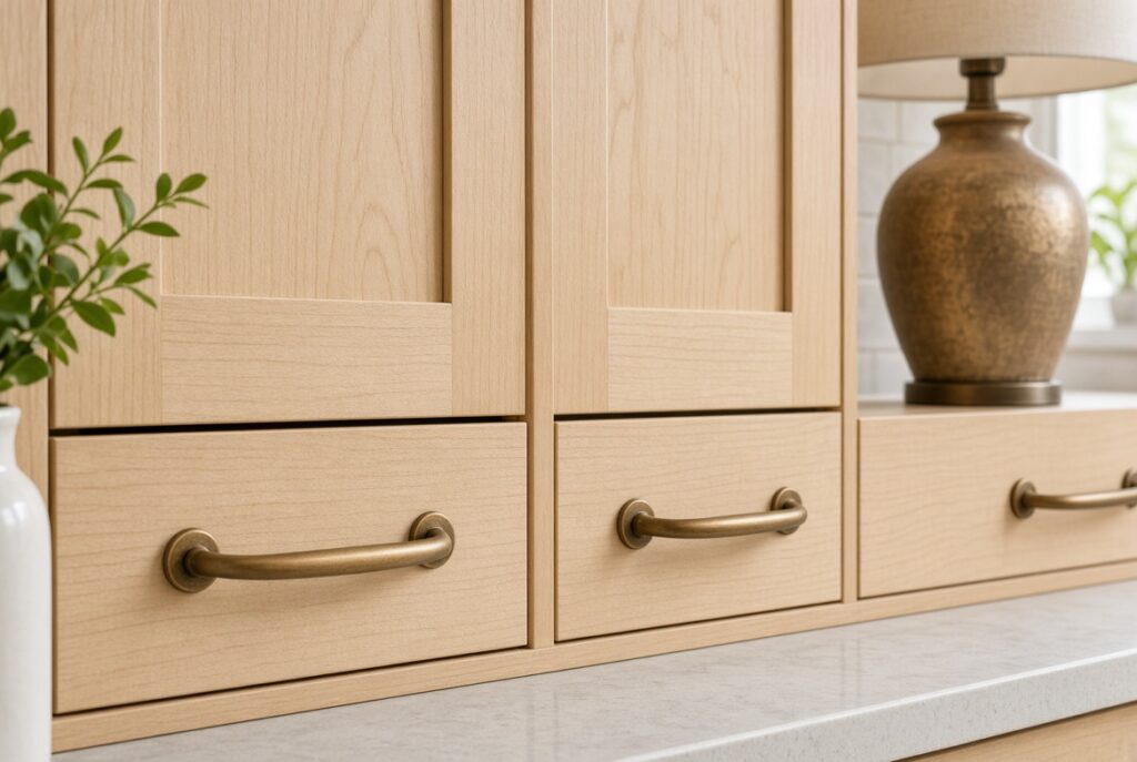 Simple cabinet hardware upgrade on light wood drawers