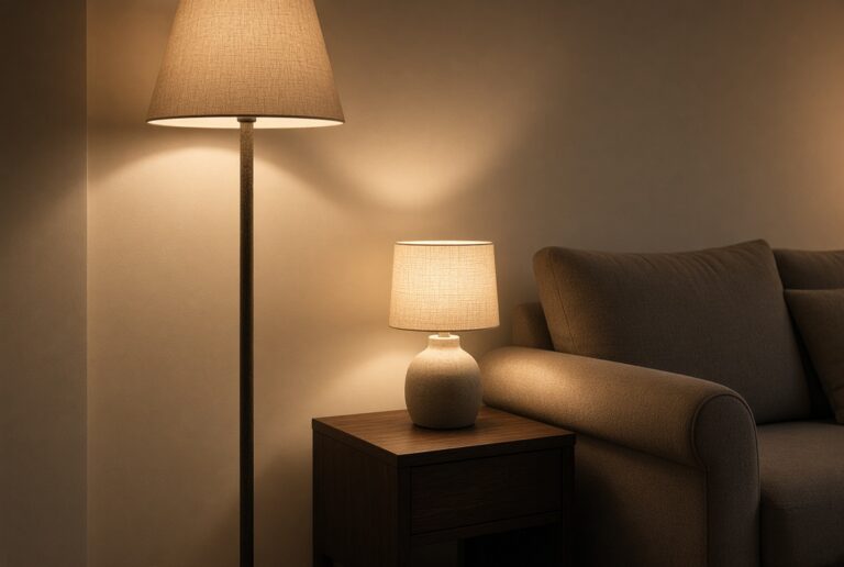 A floor lamp and table lamp lighting a sofa corner