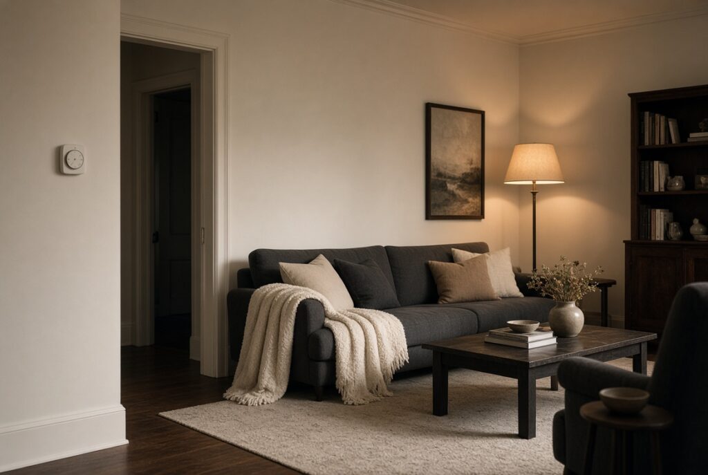 A lived-in living room with a wall thermostat and a warm floor lamp