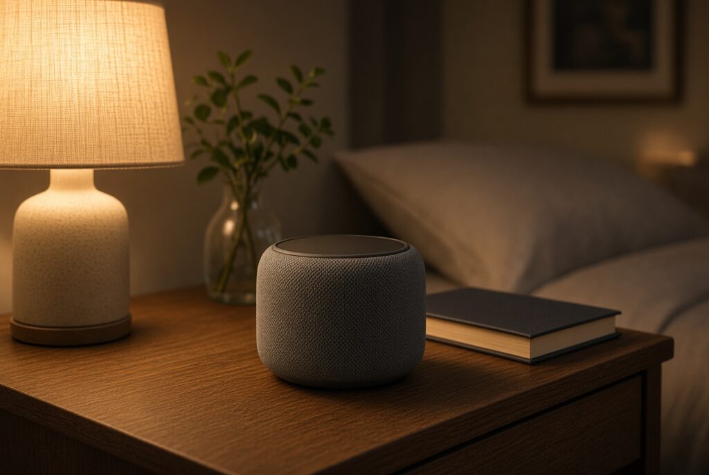Smart speaker on a bedroom nightstand