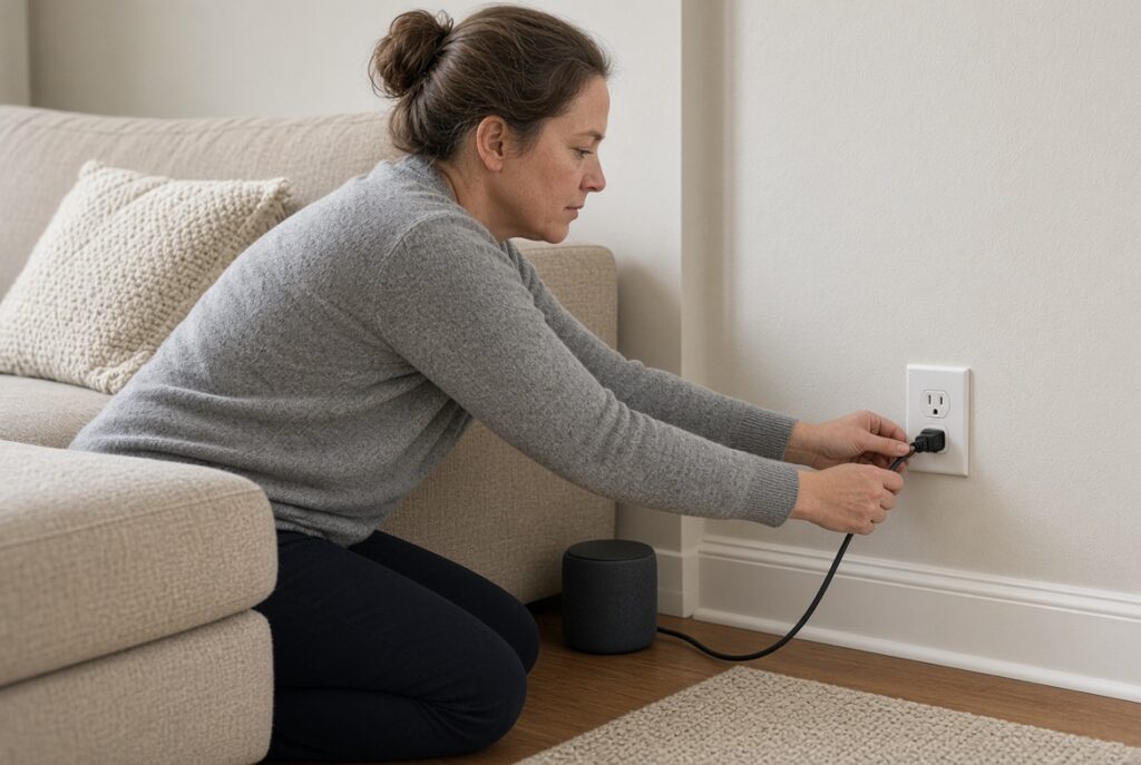 Replugging a smart speaker at a wall outlet