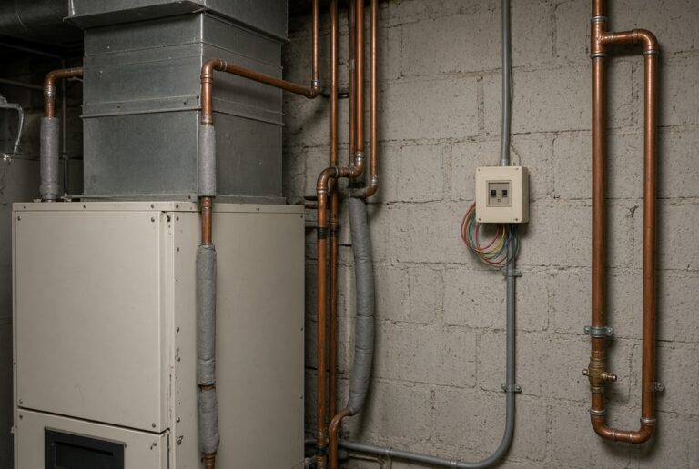 Furnace and copper pipes in a basement