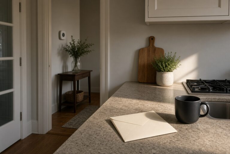 Kitchen with a thermostat visible down the hall