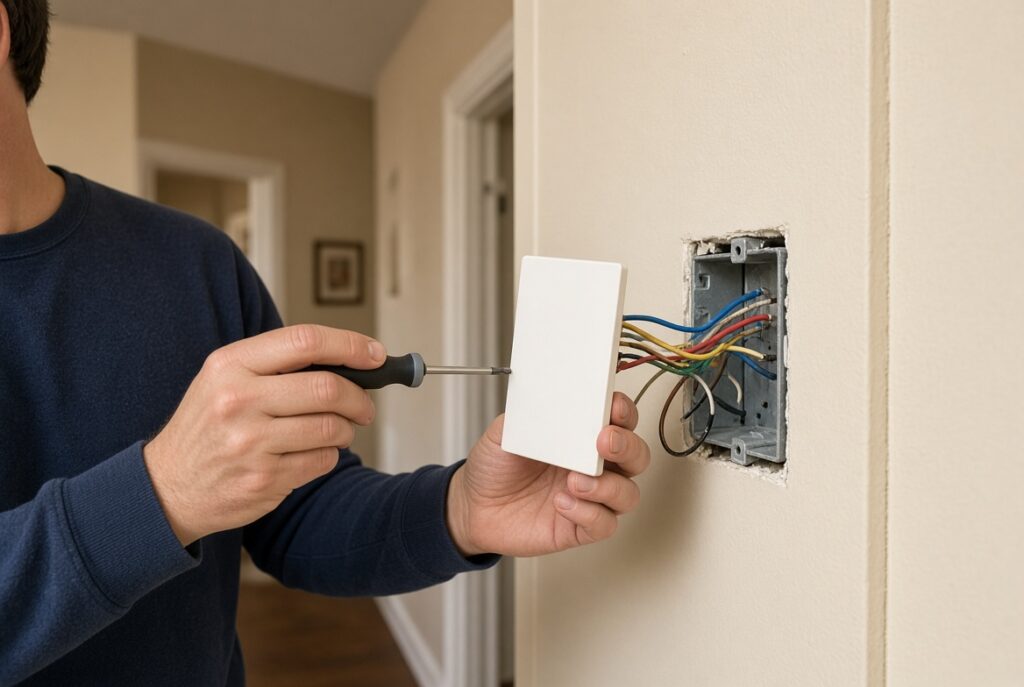 Homeowner removing a thermostat faceplate to reach HVAC wires