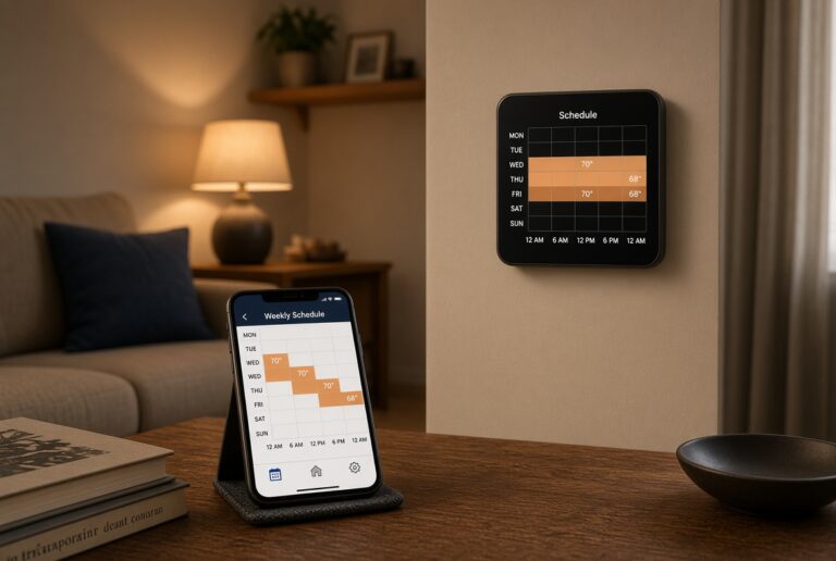 Weekly temperature schedule on a thermostat and phone