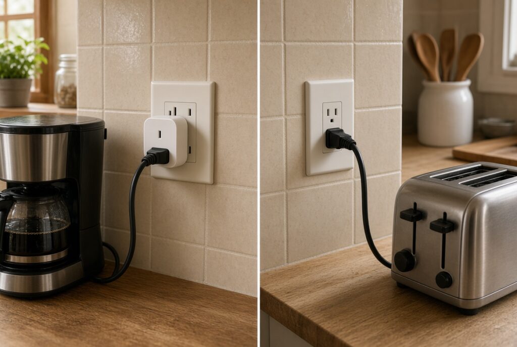 Smart Plug vs Smart Outlet: Which Should You Use? Split kitchen scene: a coffee maker on a smart plug next to a toaster plugged into a standard outlet
