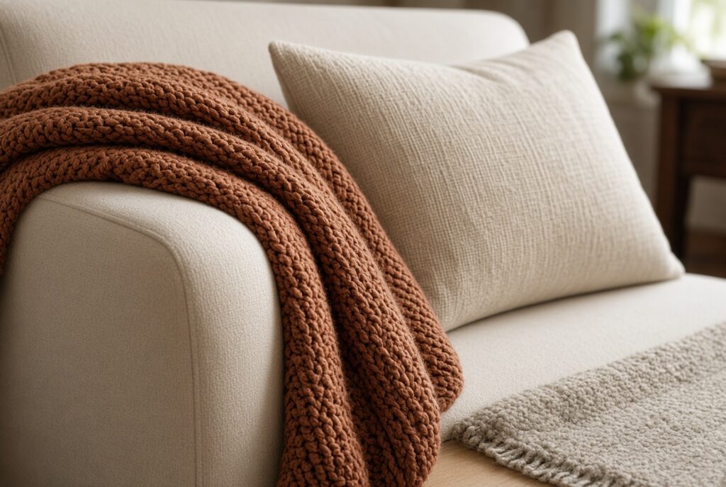 A throw and a linen pillow do more for the sofa than another small patterned cushion.