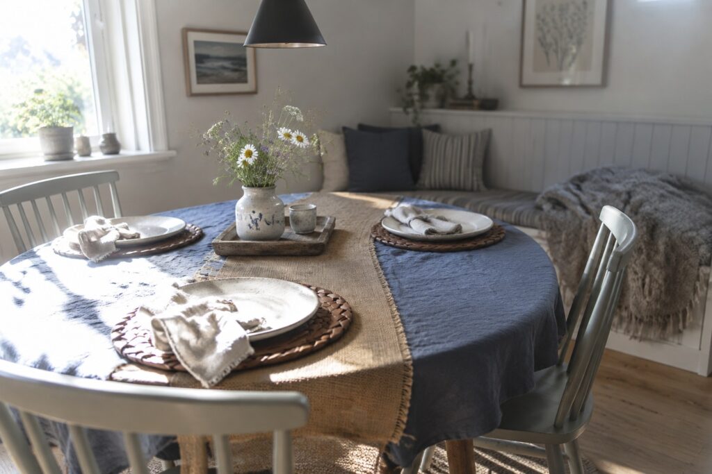 18 Creative Dining Table Styling Ideas With Layered Textiles A woven runner stretches across a wooden dining table set with ceramic plates, folded cloth napkins, and a vase of wildflowers.