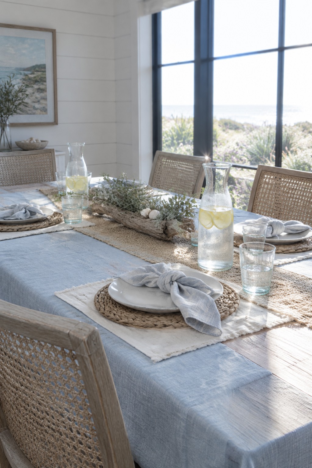 A dining table has a pale blue tablecloth, a woven runner, woven placemats, white plates, and linen napkins.
