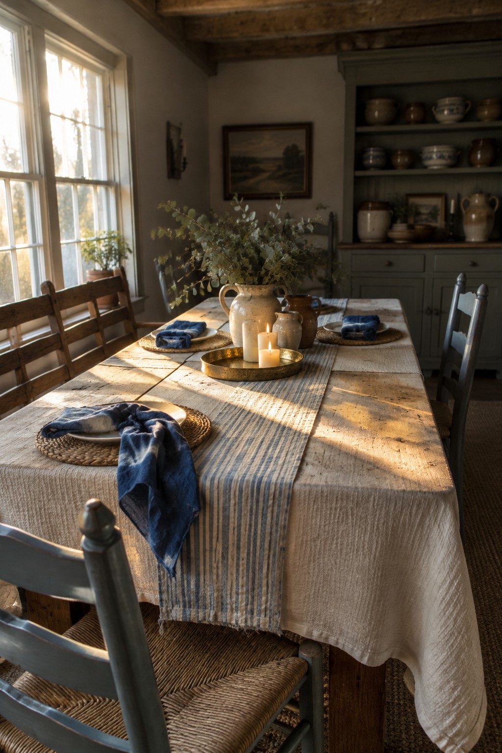 A long dining table is covered with a cream cloth and a blue striped runner, with woven placemats, folded blue napkins, pottery, and candles.