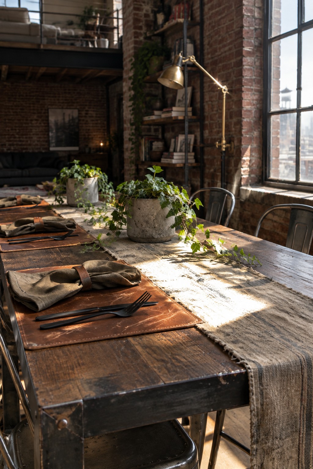 A long wooden dining table is set with leather placemats, folded napkins, and a woven runner beneath potted ivy.