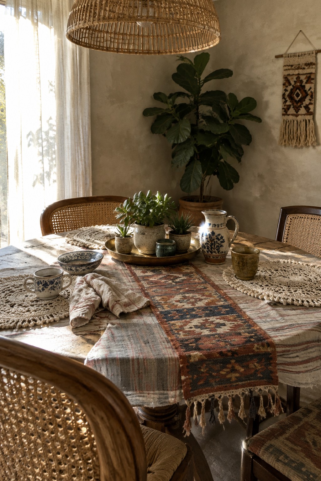 A patterned runner lies over a pale tablecloth on a dining table with crocheted placemats, ceramic pots, and a pitcher.