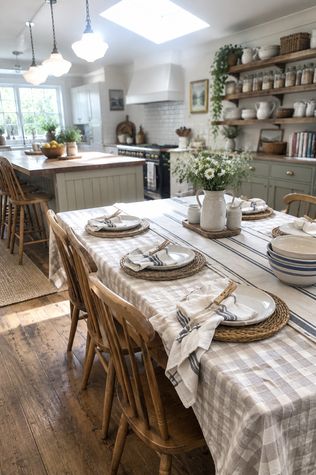 A dining table is set with a beige checked tablecloth, a striped runner, white plates, and woven chargers.
