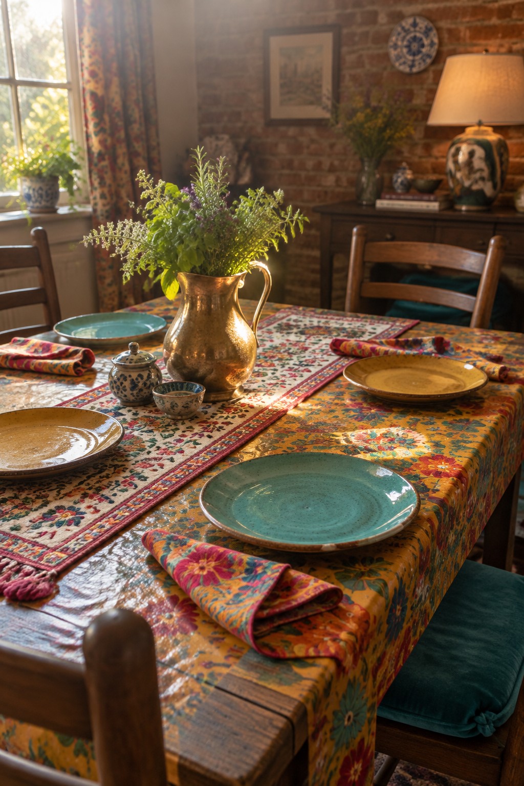 A floral tablecloth and patterned runner cover a wooden dining table set with colorful napkins, ceramic plates, and a brass vase of flowers.
