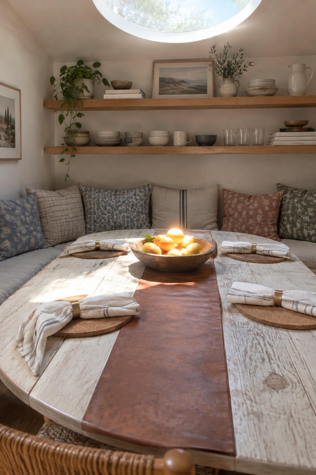 A brown leather runner lies down the center of a pale wooden dining table set with folded cloth napkins and a bowl of oranges.