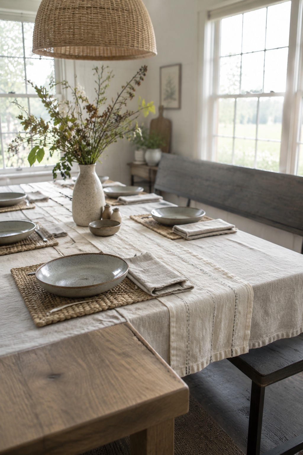 A dining table covered with a light linen cloth and set with woven placemats, ceramic bowls, and folded napkins.