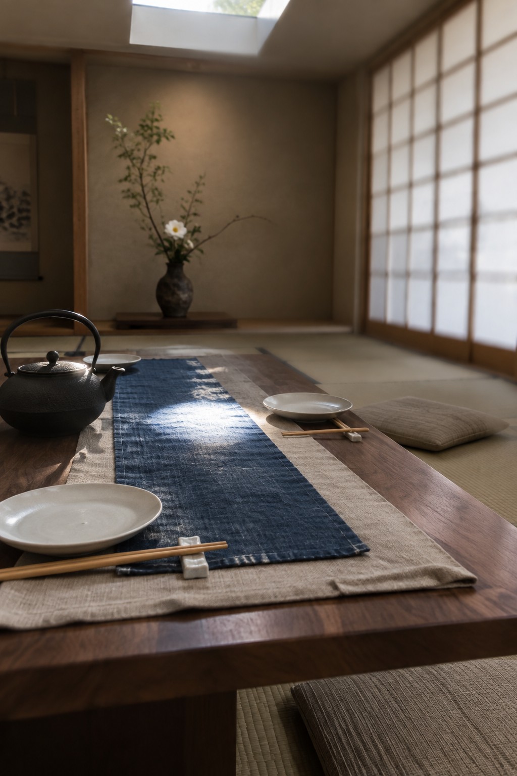 A blue runner layered over a beige cloth on a low wooden table, with ceramic plates, chopsticks, and a dark teapot.