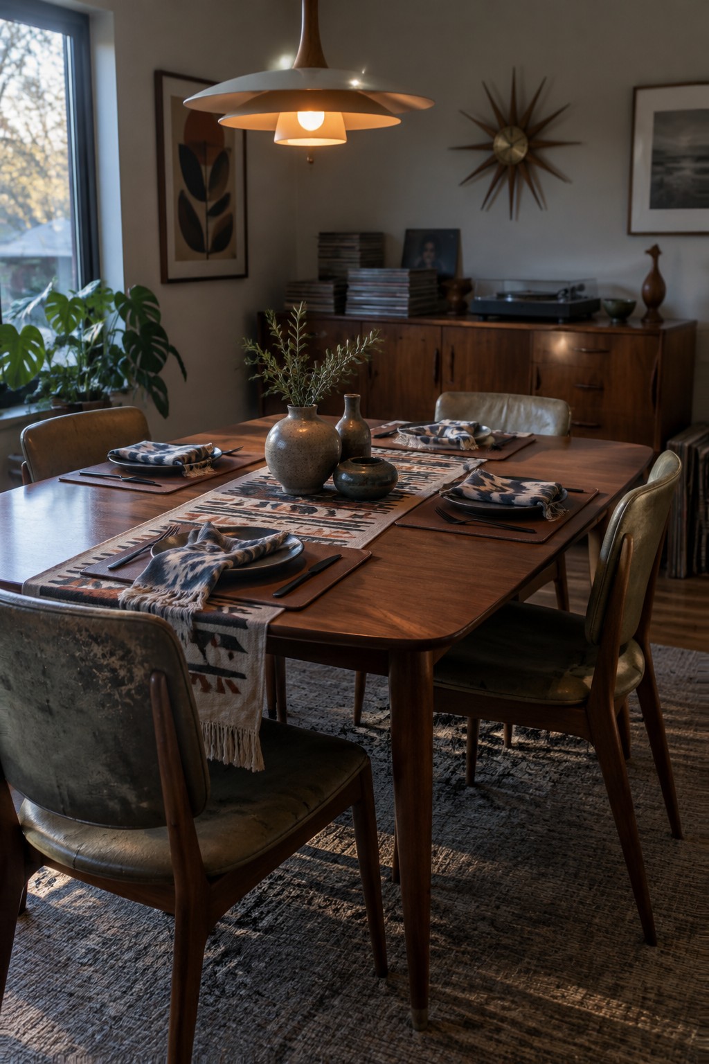 A patterned textile runner lies along a wooden dining table set with folded napkins, plates, and ceramic vases.