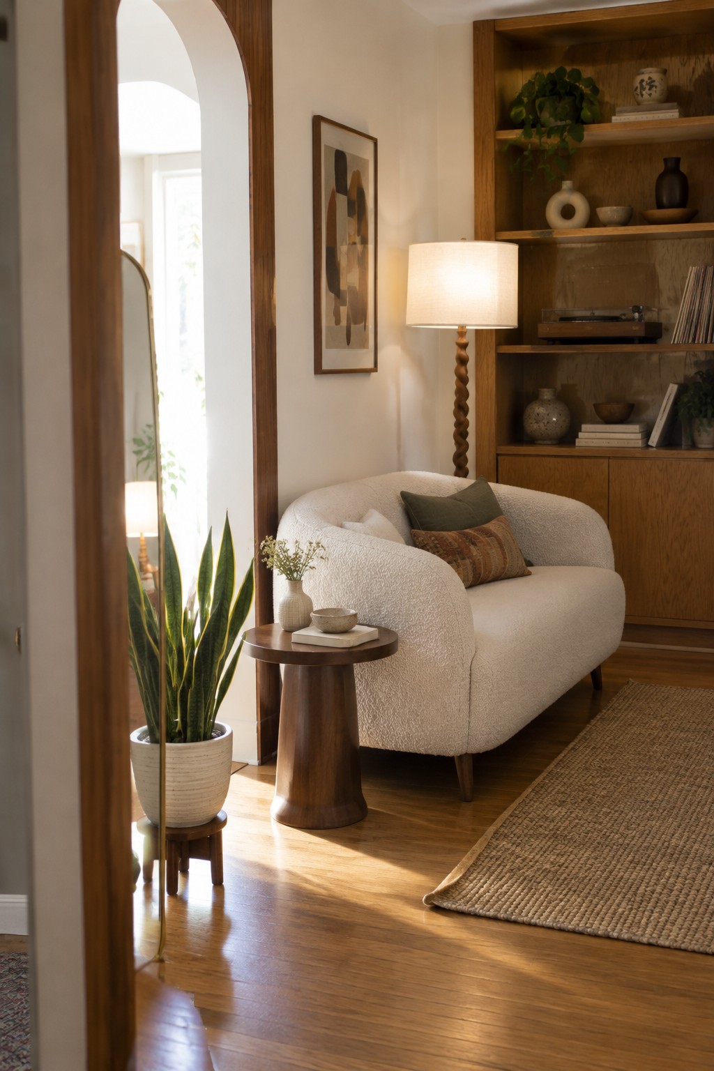 A rounded white upholstered chair with cushions sits beside a wooden side table and built-in shelves.
