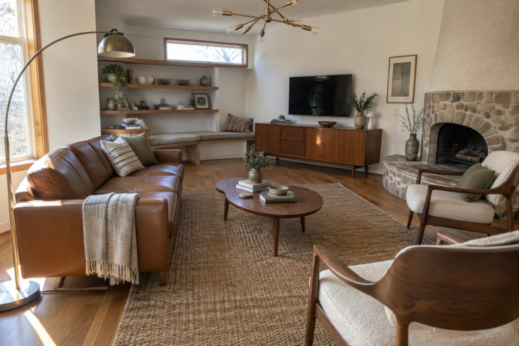 18 Warm Mid Century Modern Living Rooms With White Walls and Wood Accents A living room with built-in wood shelves and a cushioned bench, a leather sofa, a wooden coffee table, and a television above a wood console.