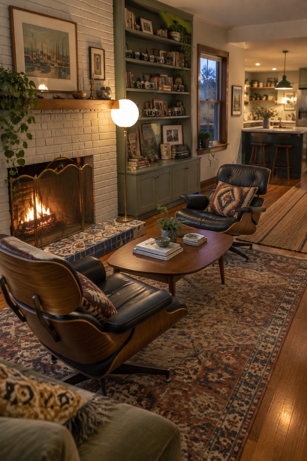 A living room with a brick fireplace, built-in shelves, vintage lounge chairs, a wooden coffee table, and patterned rugs.