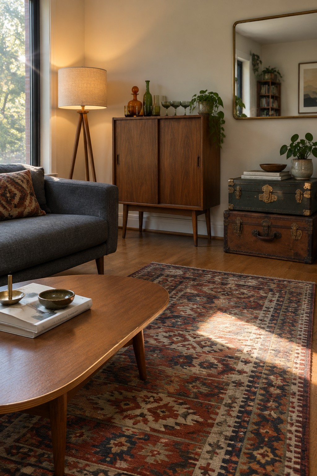 A dark wood mid-century cabinet with sliding doors stands against a living room wall.
