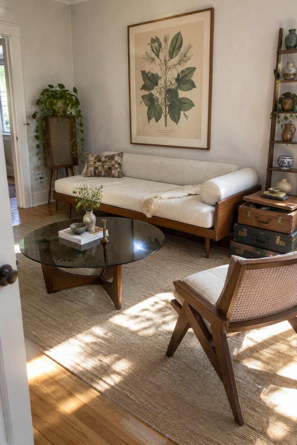 A cream-cushioned wooden daybed sits beneath a framed botanical print, with a glass coffee table and woven rug in the living room.
