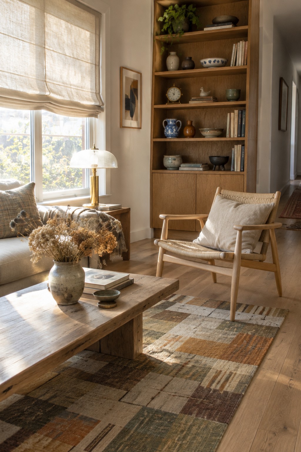 A living room with a geometric vintage rug beneath a wooden armchair and coffee table.
