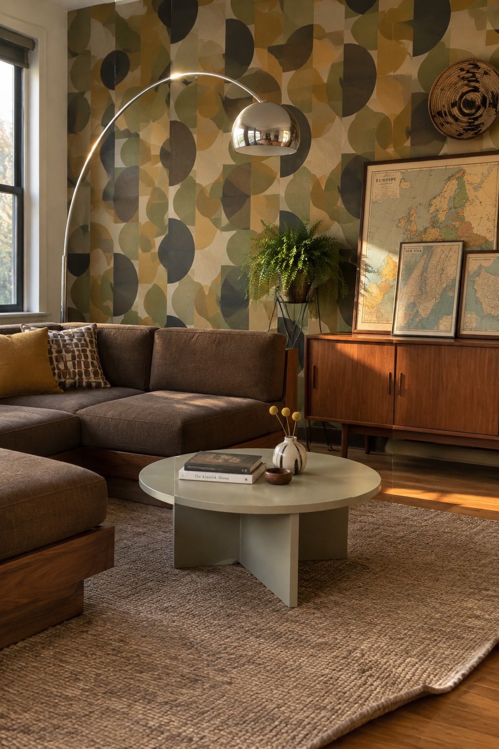 A living room with geometric wallpaper, a brown sectional sofa, an arched floor lamp, and framed maps on a wooden cabinet.