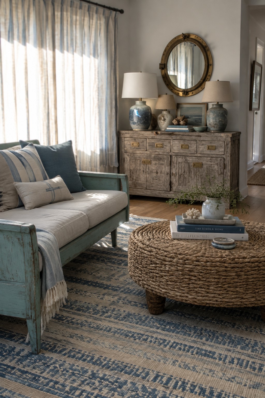 A living room with a pale upholstered sofa in a weathered blue wooden frame, a woven coffee table, and a rustic wooden cabinet.